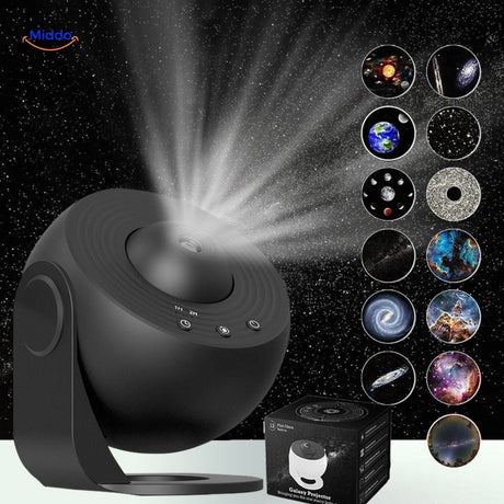 StarGlow projector lamp in black with space-themed light slides for night ambiance.