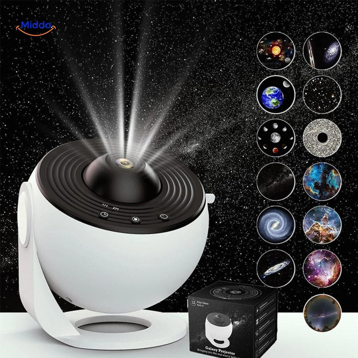 StarGlow projector lamp with white design and galaxy light slides for ceiling projection.