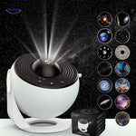 StarGlow projector lamp with white design and galaxy light slides for ceiling projection.
