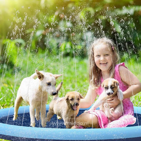 Girl playing with puppies on water sprinkler mat
