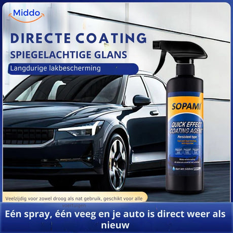 Glass coating spray with direct application showing mirror-gloss crystal finish.