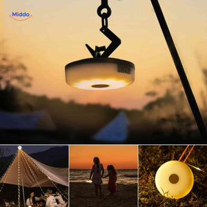 GlowMate lamp inside tent providing warm atmospheric LED lighting.