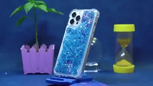 GlowSand phone case blue glitter liquid with sparkle glow-in-dark effect.