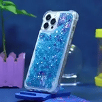 GlowSand phone case blue glitter liquid with sparkle glow-in-dark effect.