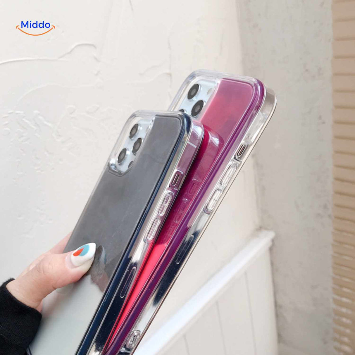 GlowSand phone case side view with colored buttons and transparent protective edge.