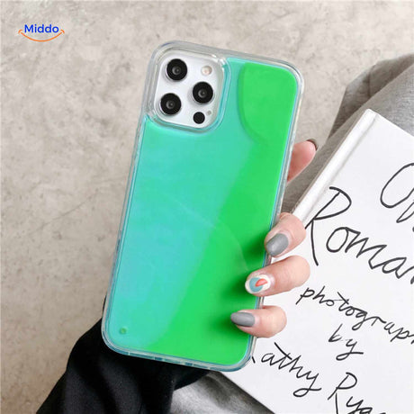 GlowSand phone case with green to blue gradient and transparent liquid interior.