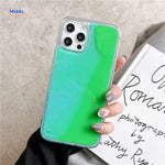 GlowSand phone case with green to blue gradient and transparent liquid interior.