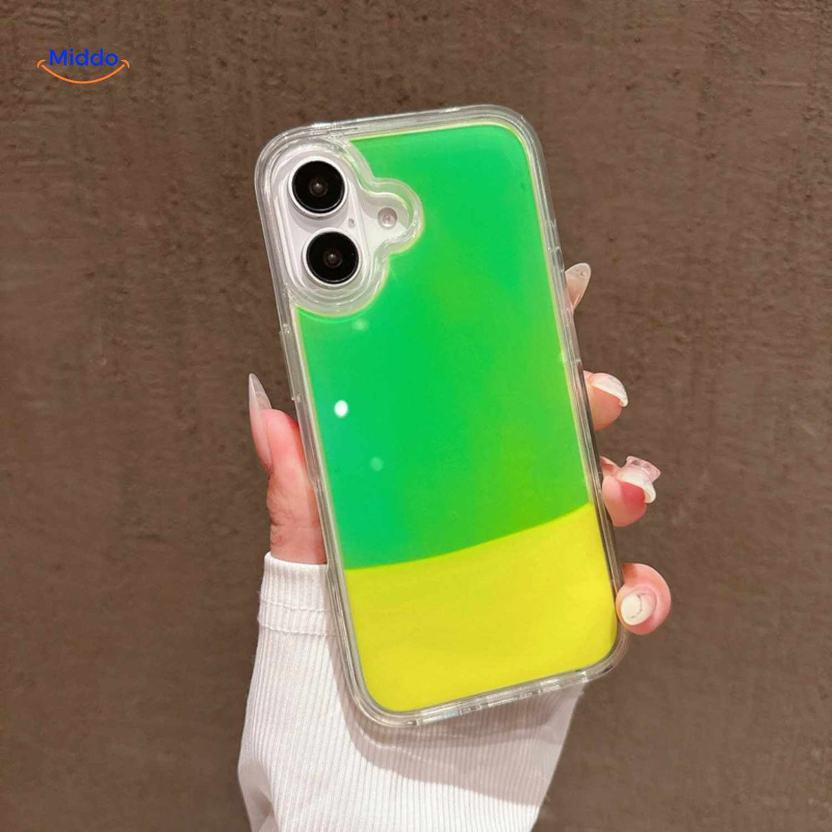 GlowSand phone case with green to yellow gradient liquid sand effect.