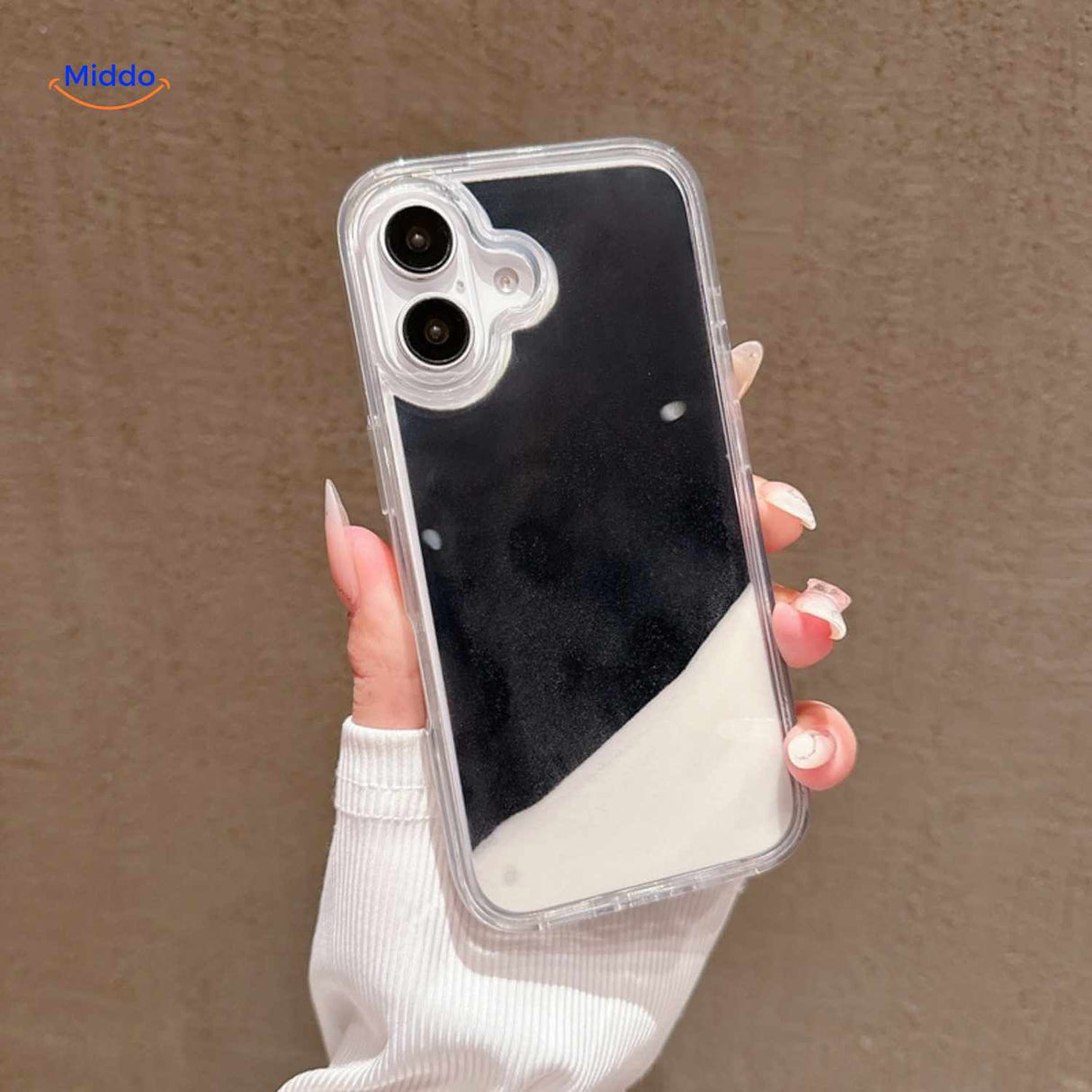 GlowSand phone case black to white gradient liquid sand ombre design.