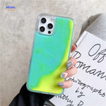 GlowSand phone case with neon green and yellow glow-in-dark liquid effect.