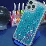 GlowSand phone case blue and pink glitter liquid sand arrangement display.