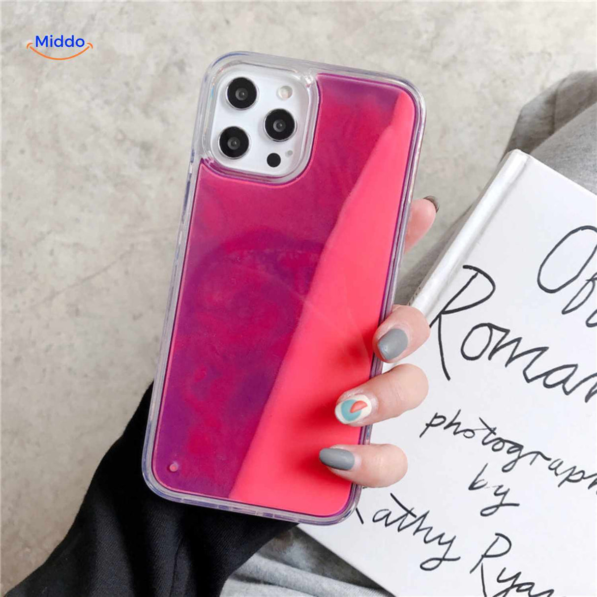 GlowSand phone case deep rose to transparent gradient with flowing liquid design.