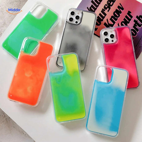 GlowSand phone case set multi-color shiny designs with glowing liquid fill.