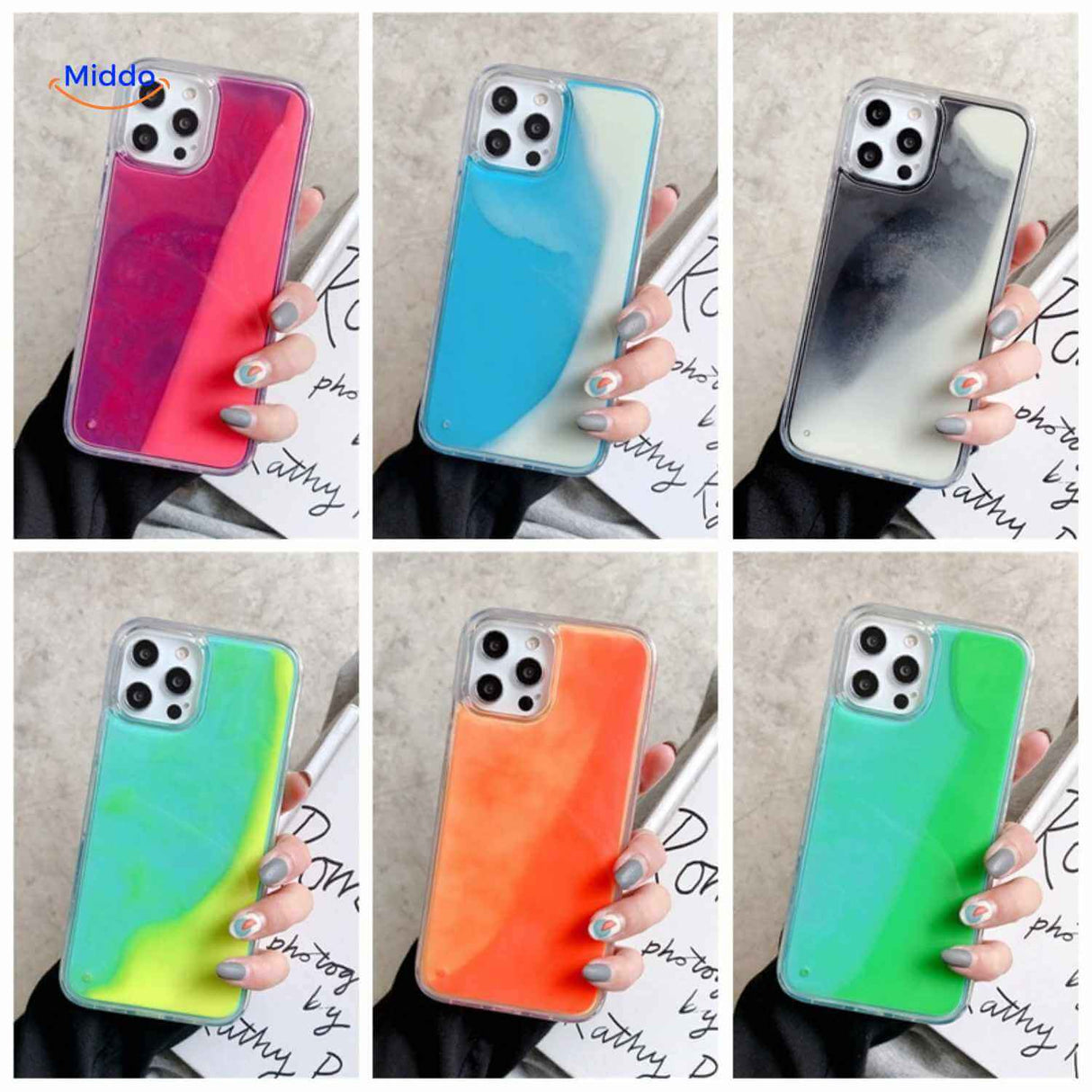 GlowSand phone case set six color options with flowing liquid sand designs.