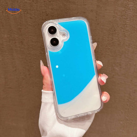GlowSand phone case sky blue and white glowing liquid sand design.