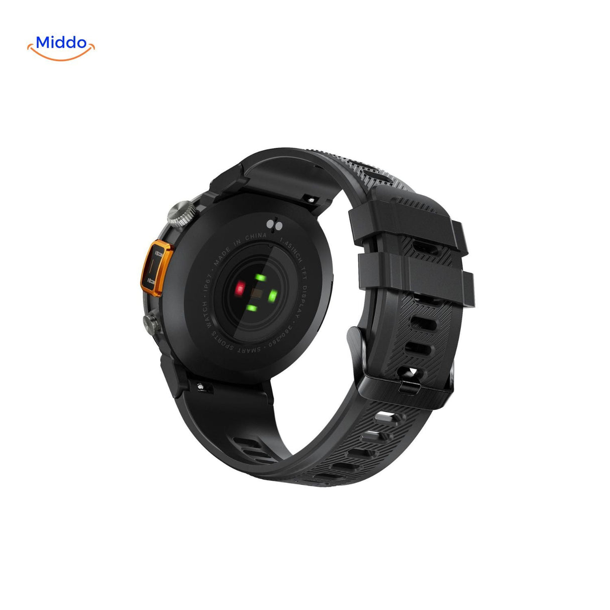 Advanced heart rate sensor on GlowTrack watch for accurate fitness tracking.
