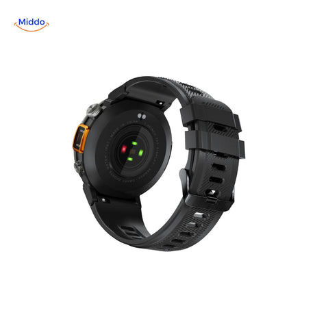 Advanced heart rate sensor on GlowTrack watch for accurate fitness tracking.
