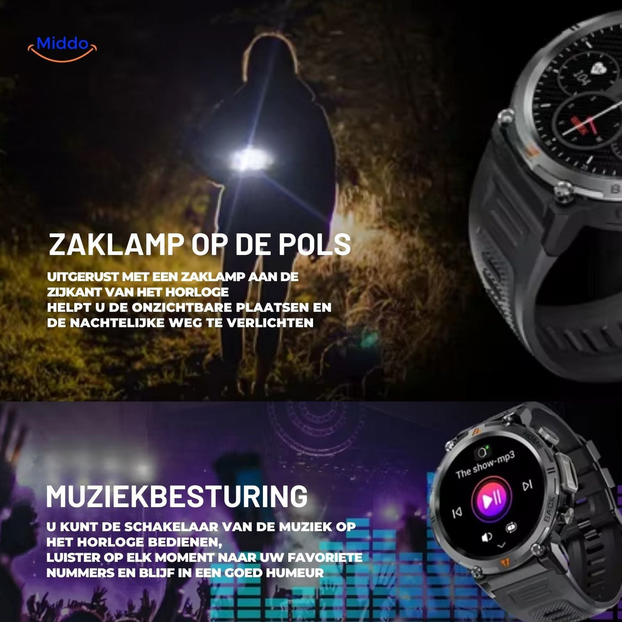 Built-in LED flashlight feature on GlowTrack fitness watch for outdoor use.