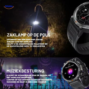 Built-in LED flashlight feature on GlowTrack fitness watch for outdoor use.