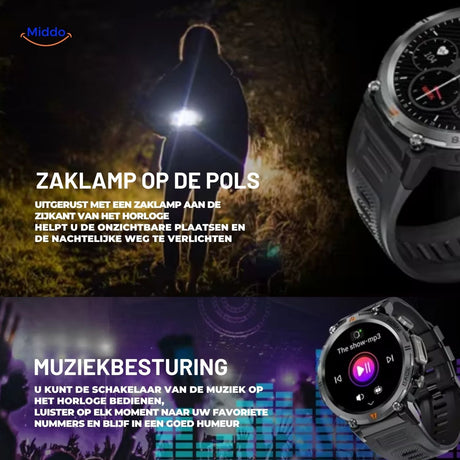 Built-in LED flashlight feature on GlowTrack fitness watch for outdoor use.