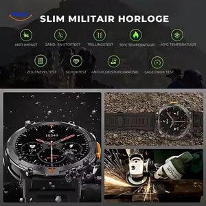 Slim military-style GlowTrack smartwatch with durable design and display.