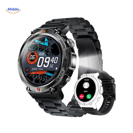 Rugged GlowTrack smartwatch with steel case and colorful display for durability.