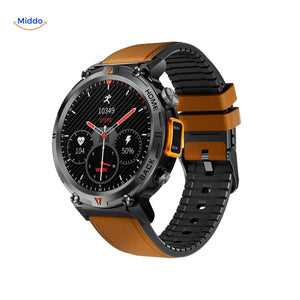 GlowTrack watch with sporty leather band for multi-day fitness tracking.