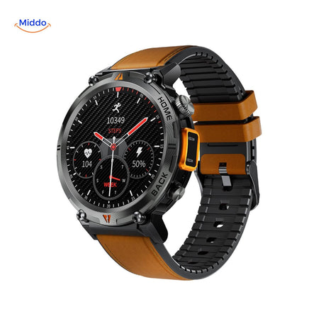 GlowTrack watch with sporty leather band for multi-day fitness tracking.