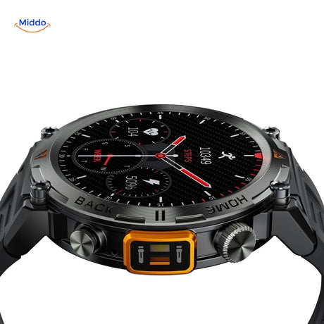 Side view of GlowTrack watch showing slim profile and premium construction.
