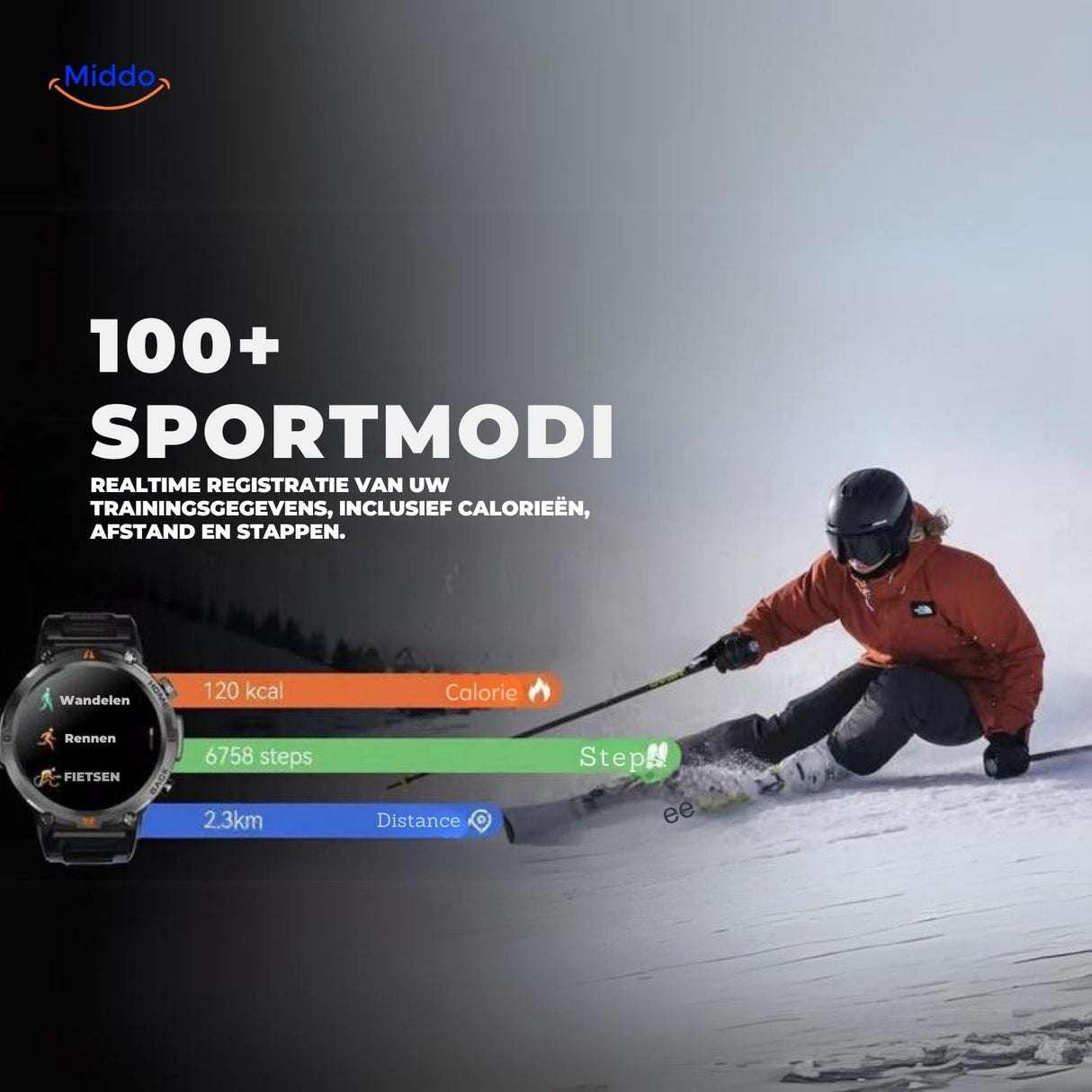 GlowTrack watch with multiple sports modes including skiing and outdoor activities.
