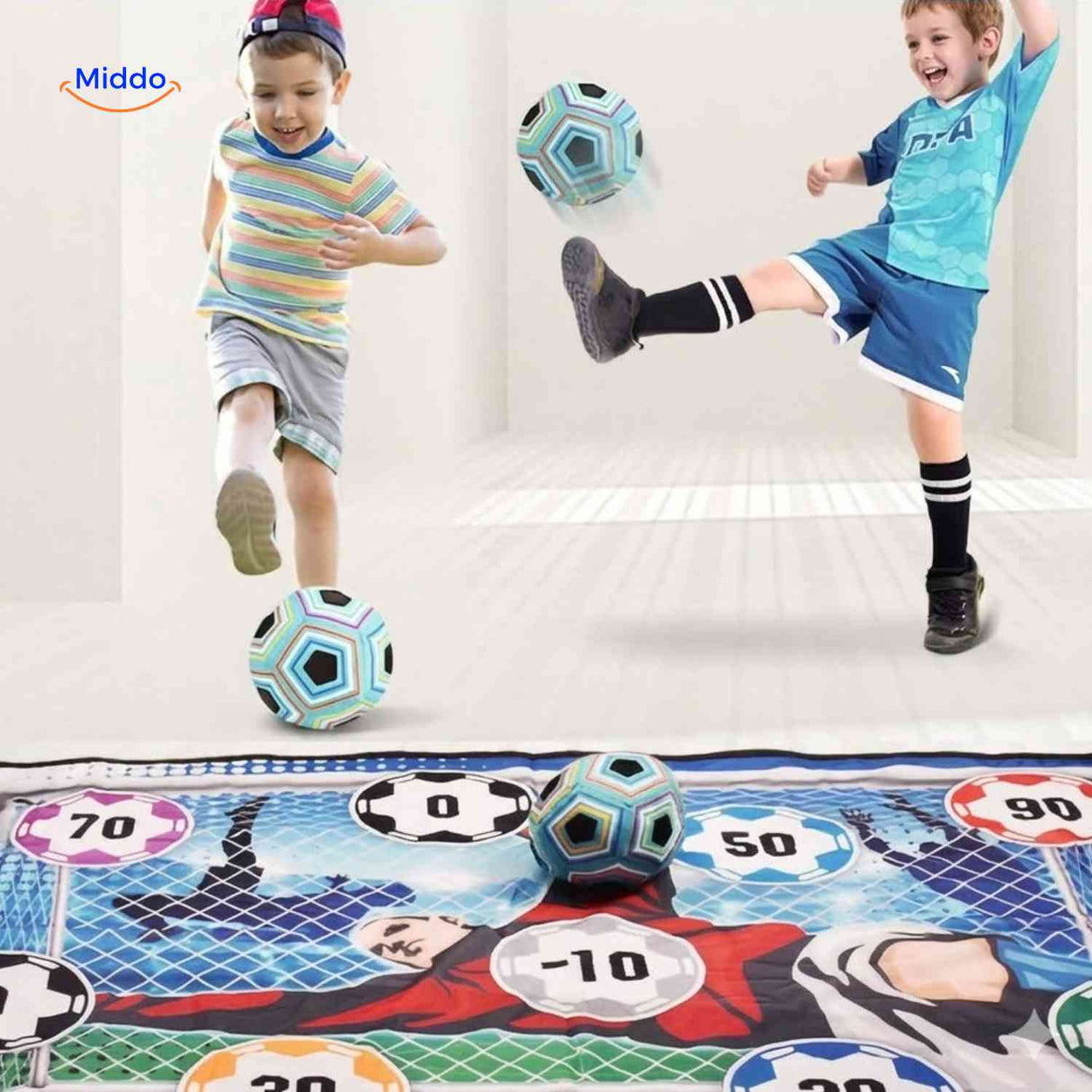 Kids practicing soccer shooting with GoalPlay game indoors.