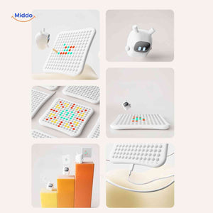 Interactive LED matrix board with vibrant patterns and interactive robot gameplay.
