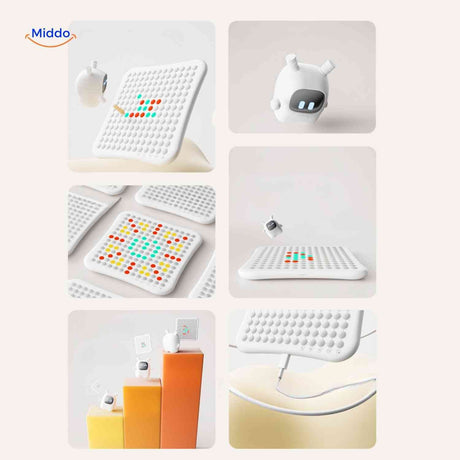 Interactive LED matrix board with vibrant patterns and interactive robot gameplay.