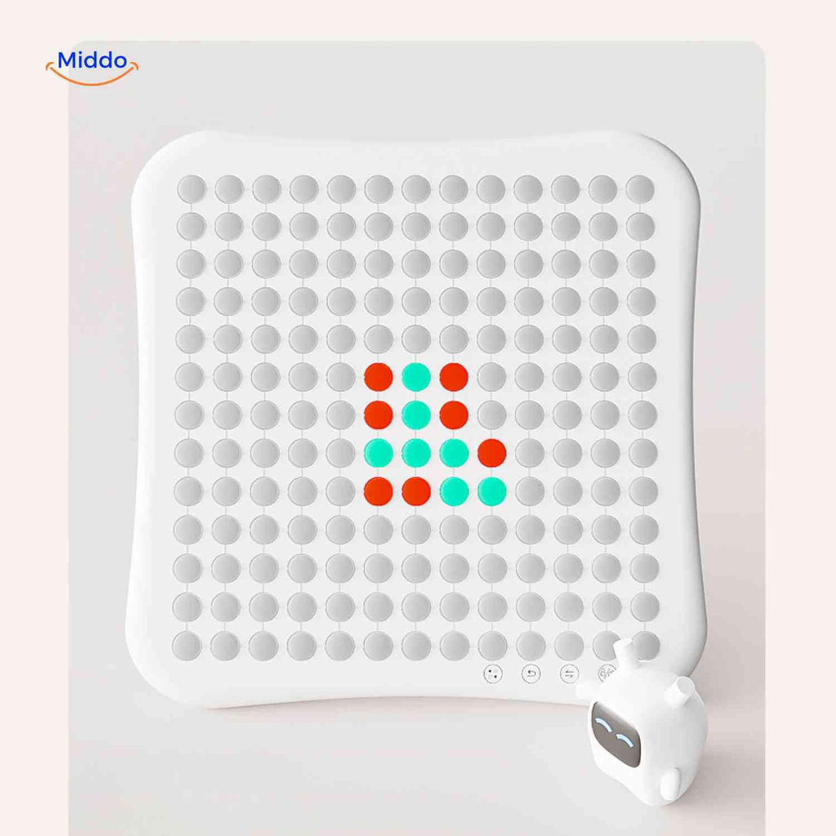 White LED game board with colorful pixel patterns and robot figure display.