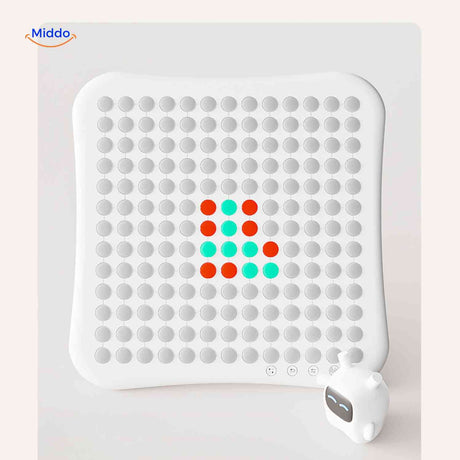 White LED game board with colorful pixel patterns and robot figure display.