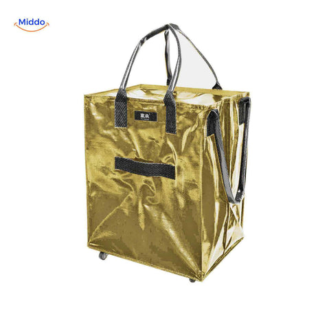 Shiny gold metallic folding shopping trolley with smooth rolling wheels