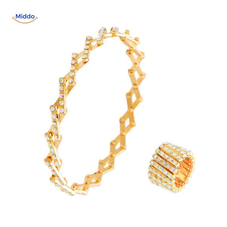 Gold ring and bracelet combo with white crystal rhinestone details.