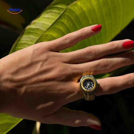 Gold elegant womens ring watch with refined classic styling.