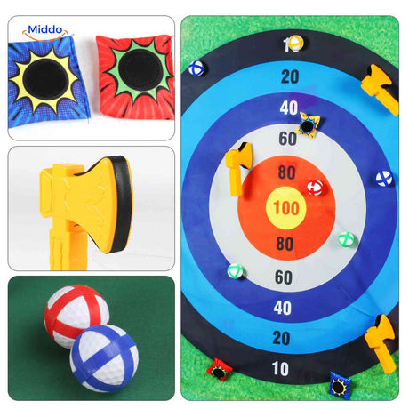 Golf set accessories with balls and shooting targets for play.