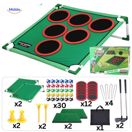 Mega set golf chipping game with extended target and accessory collection.