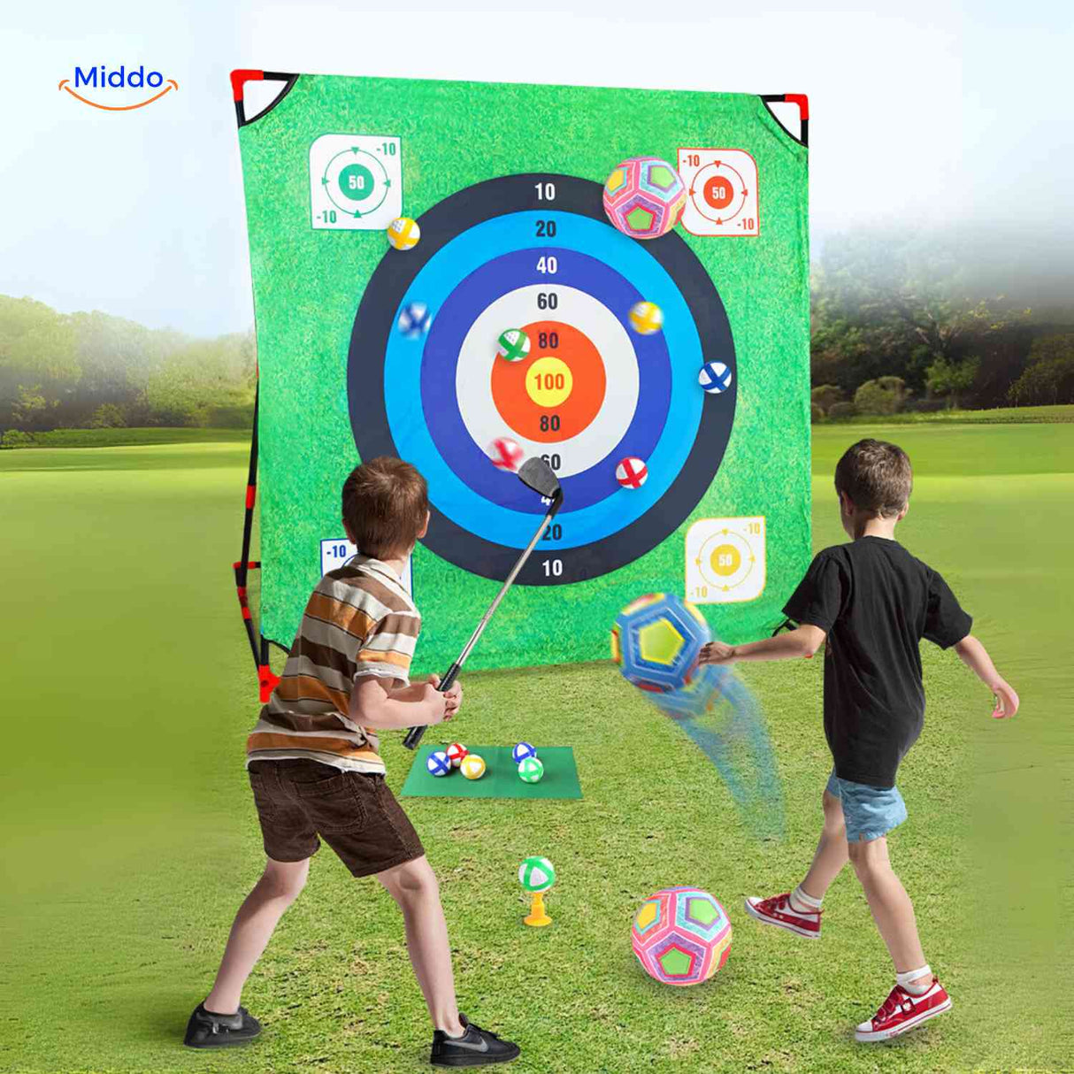 Outdoor golf and football shooting game set for active kids.