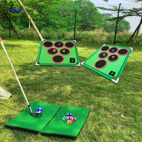 Golf game with two target mats set up outdoors on grass field.