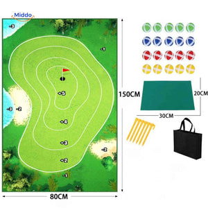 Portable golf mat with scoring target zones for indoor and outdoor play.