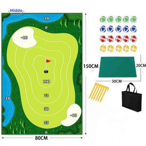 Golf practice mat with realistic turf feel and complete accessories set included.