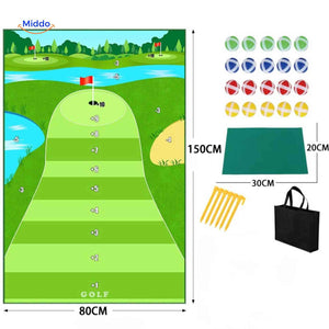 Golf practice mat with distance target zones for swing training accuracy.