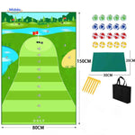 Golf practice mat with distance target zones for swing training accuracy.