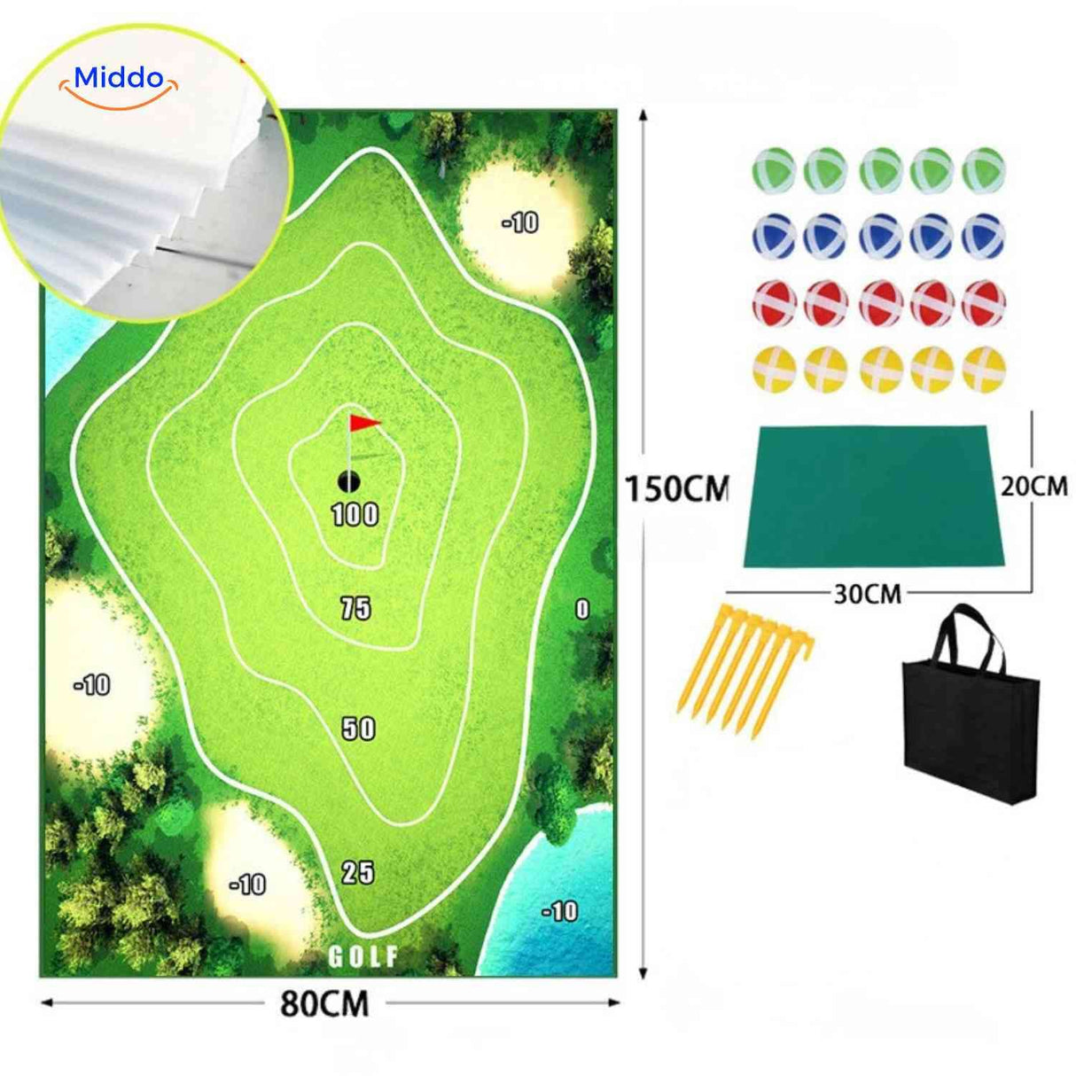 Golf training mat featuring 100-point target scoring system.