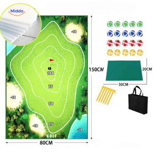 Golf training mat featuring 100-point target scoring system.