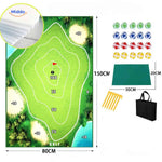 Golf training mat featuring 100-point target scoring system.