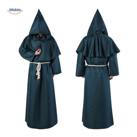 Gothic hooded monk costume with dramatic dark aesthetic and styling.